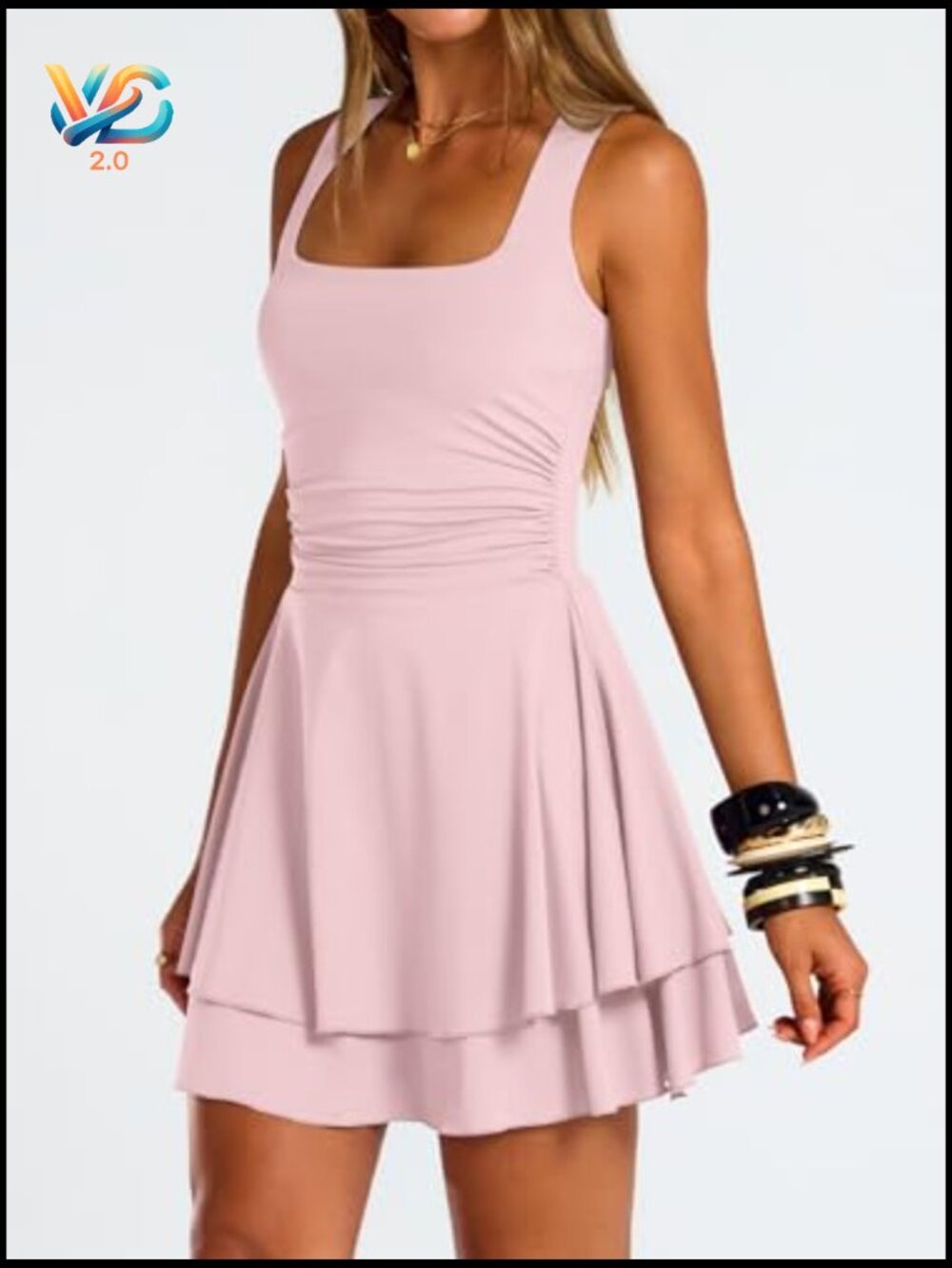 Square Neck Ruffle Hem Ruched Waist Mini Dress Club Night Out - Picture 3 of 7